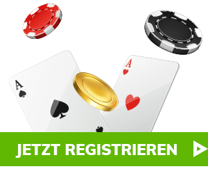 Zwei Ass Spielkarten mit bunten Casino Chips und Registrieren Button