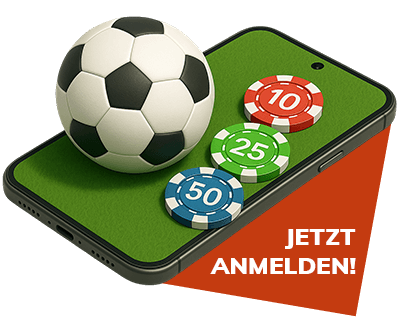 Smartphone mit Fussball und bunten Casino Chips